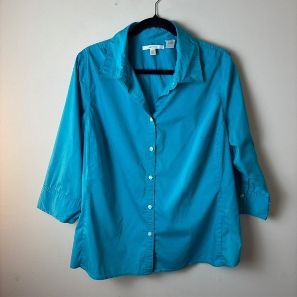 Womens 20W Merona Button Up Shirt Teal Blue Stretch 3/4 Sleeve Spread Collared